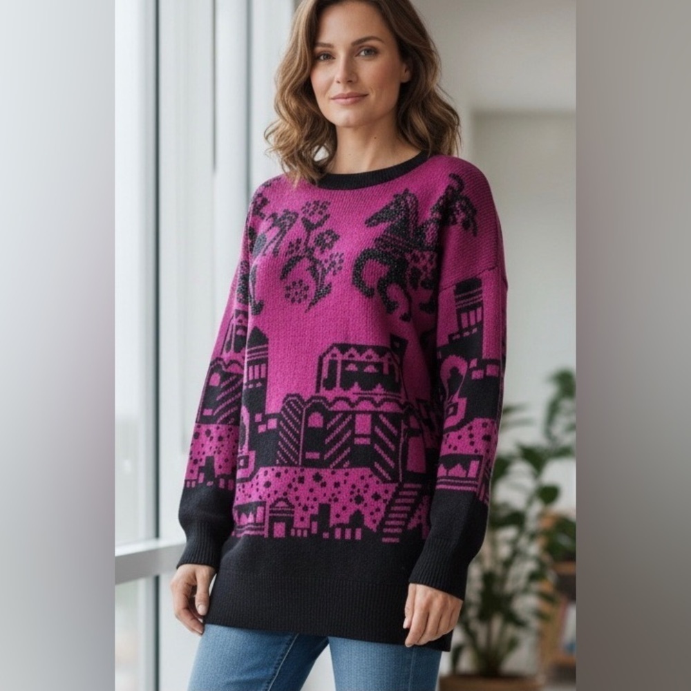 Vintage Queen’s Way Metallic Shimmer Tunic Sweater Large Magenta Black Cityscape